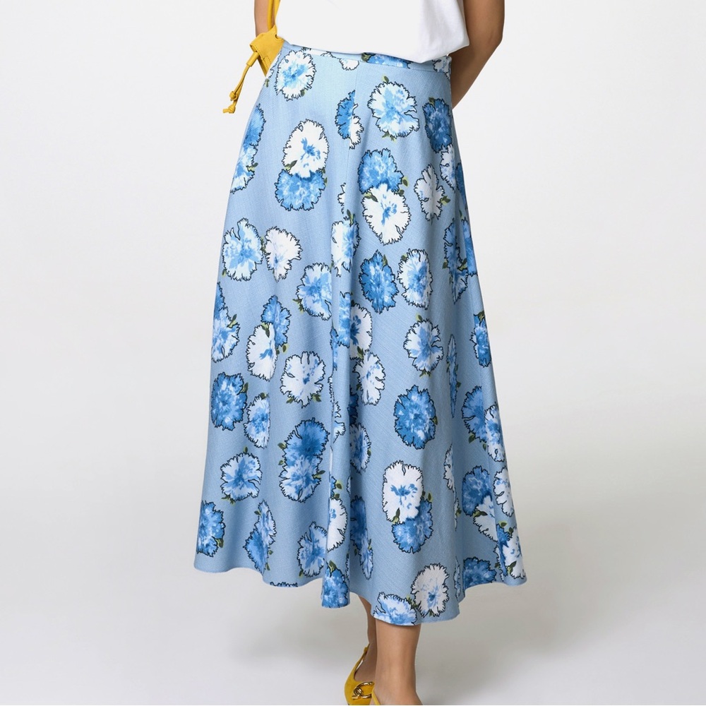 Akris Punto Carnation Blue Blossom Print Midi Skirt Floral Cotton A Line 14